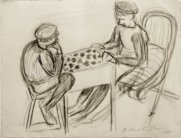 Kunstdruck des Gemäldes „Zwei Jungen beim Damespiel“ von Henri Matisse, erhältlich als Leinwand oder Poster, optional gerahmt, in Deutschland von Hand gefertigt.