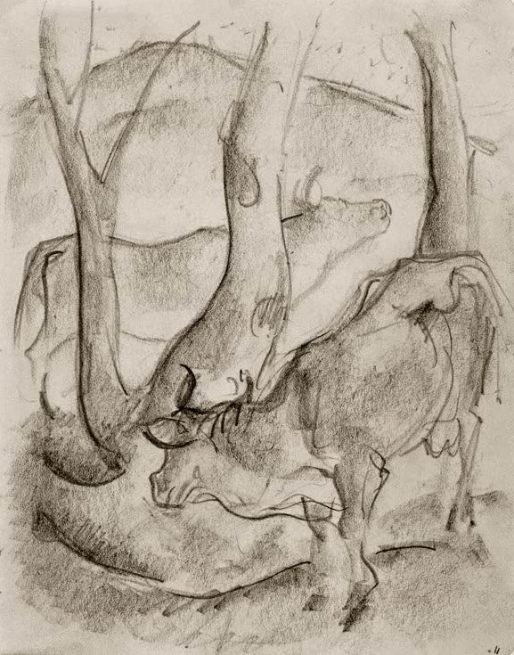 Kunstdruck des Gemäldes „Zwei Kühe unter Bäumen“ von Franz Marc. Hochwertig in Deutschland von Hand gefertigt, erhältlich als Poster oder Leinwand und optional gerahmt.