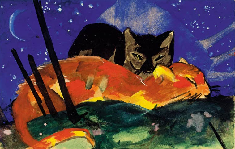 Kunstdruck der „Zwei Katzen, Postkarte aus Sindelsdorf an Lily Klee München“ von Franz Marc. Hochwertig in Deutschland von Hand gefertigt, erhältlich als Poster oder Leinwand und optional gerahmt.