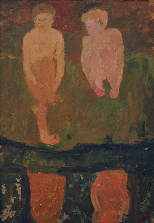 Kunstdruck des Gemäldes Zwei Kinder am Ufer hockend von Paula Modersohn-Becker mit zwei Kindern, die an einem Ufer hocken.