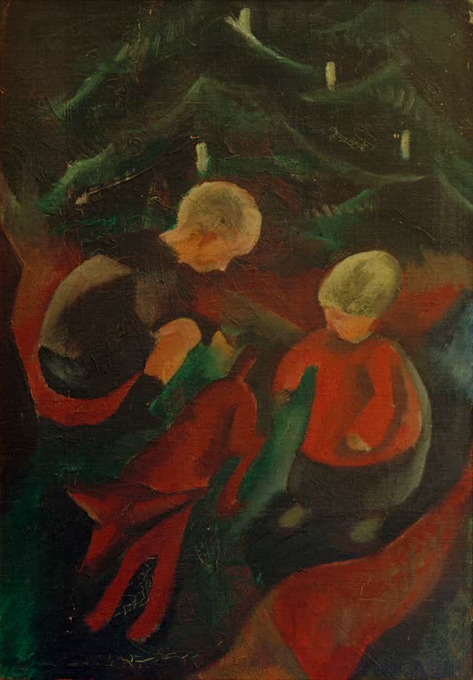 Kunstdruck des Gemäldes „Zwei Kinder unterm Weihnachtsbaum“ von August Macke und Paul Adolf Seehaus. Hochwertig in Deutschland von Hand gefertigt, erhältlich als Poster oder Leinwand und optional gerahmt.