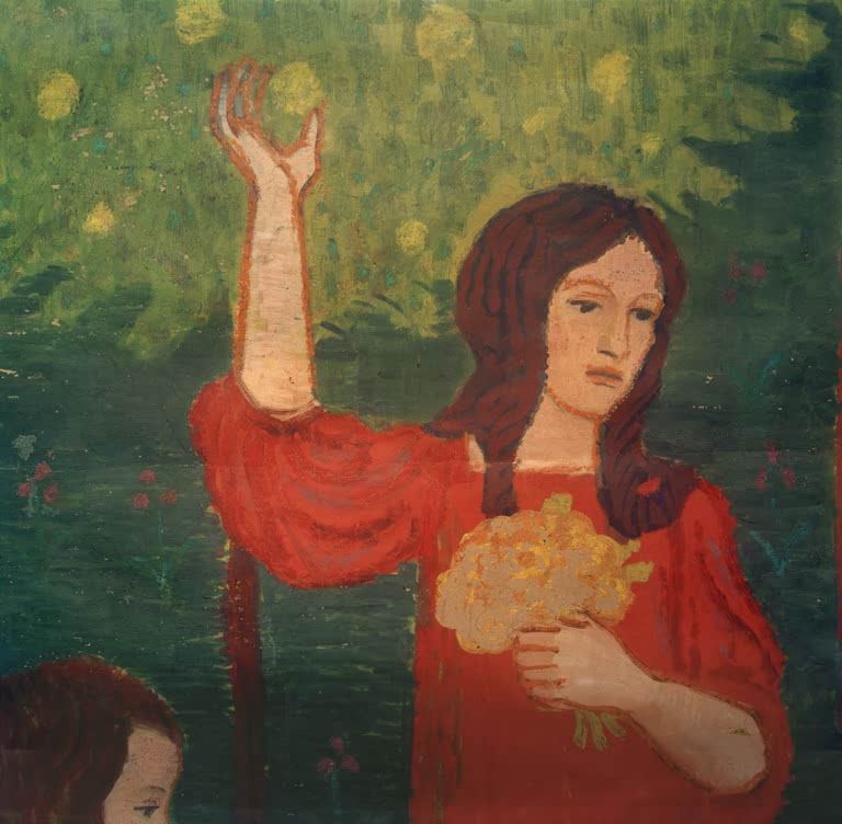 Kunstdruck des Gemäldes „Zwei Mädchen (Ausschnitt)“ von August Macke. Hochwertig in Deutschland von Hand gefertigt, erhältlich als Poster oder Leinwand und optional gerahmt.
