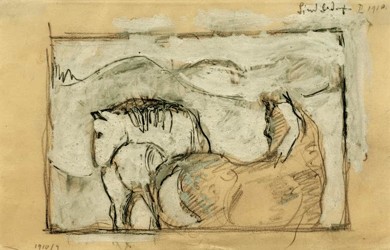 Kunstdruck des Gemäldes „Zwei Pferde“ von Franz Marc. Hochwertig in Deutschland von Hand gefertigt, erhältlich als Poster oder Leinwand und optional gerahmt.