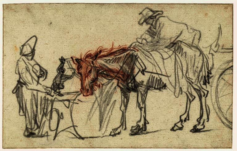 Kunstdruck „Zwei Pferde an einer Raststätte“ von Rembrandt van Rijn
