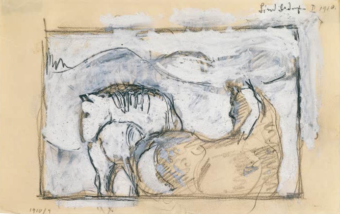 Kunstdruck des Gemäldes „Zwei Pferde“ von Franz Marc. Hochwertig in Deutschland von Hand gefertigt, erhältlich als Poster oder Leinwand und optional gerahmt.