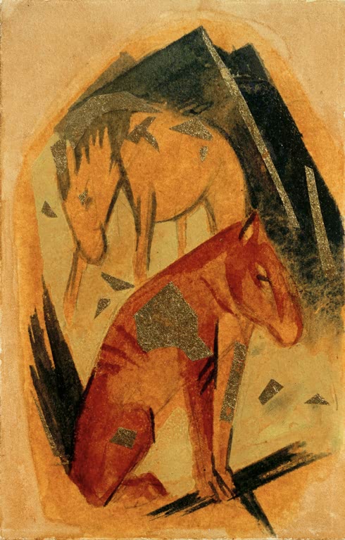 Kunstdruck des Gemäldes „Zwei Pferde vor blauem Berg“ von Franz Marc. Hochwertig in Deutschland von Hand gefertigt, erhältlich als Poster oder Leinwand und optional gerahmt.