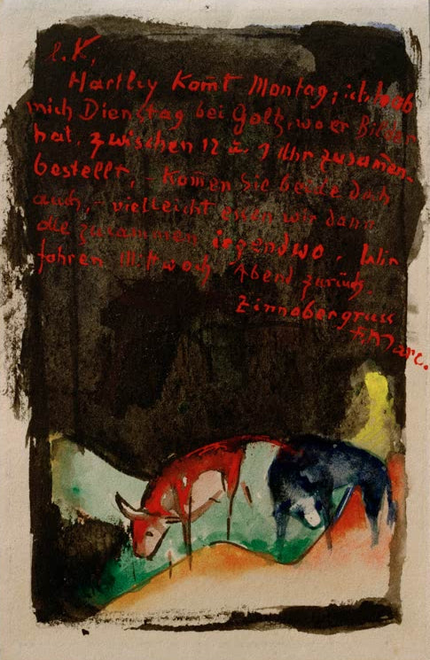 Kunstdruck des Gemäldes „Zwei Schafe“ von Franz Marc. Hochwertig in Deutschland von Hand gefertigt, erhältlich als Poster oder Leinwand und optional gerahmt.