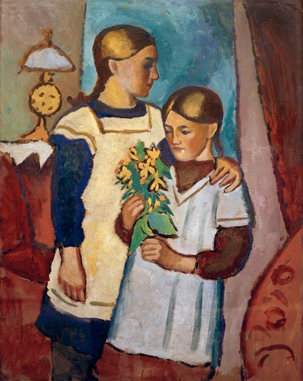 Kunstdruck des Gemäldes „Zwei Schwestern“ von August Macke. Hochwertig in Deutschland von Hand gefertigt, erhältlich als Poster oder Leinwand und optional gerahmt.