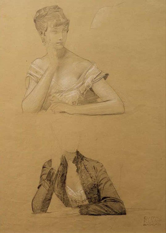 Kunstdruck des Gemäldes „Zwei Studien einer an einem Tisch sitzenden jungen Frau“ von Gustav Klimt – hochwertige Reproduktion einer Figurenstudie.