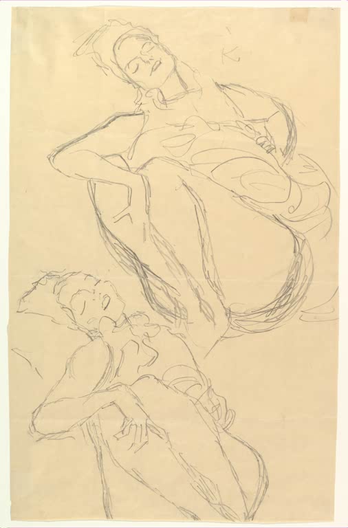 Kunstdruck des Gemäldes „Zwei Studien einer hockenden Frau“ von Gustav Klimt – hochwertige Reproduktion einer ausdrucksstarken Figurenstudie.