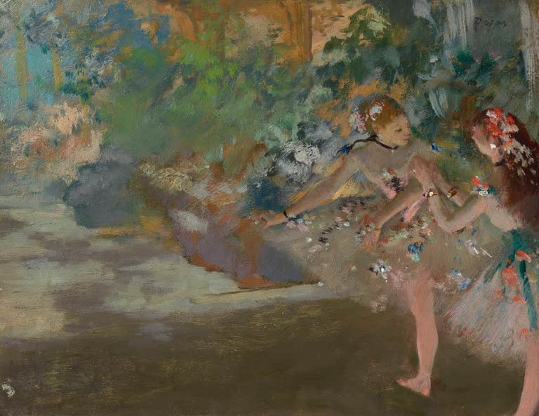 Kunstdruck des Gemäldes Zwei Tänzer auf einer Bühne von Edgar Degas mit zwei Tänzern während einer Bühnenaufführung.
