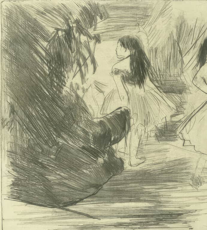 Kunstdruck des Gemäldes Zwei Tänzer hinter den Kulissen von Edgar Degas mit zwei Balletttänzern im Bereich hinter der Bühne.
