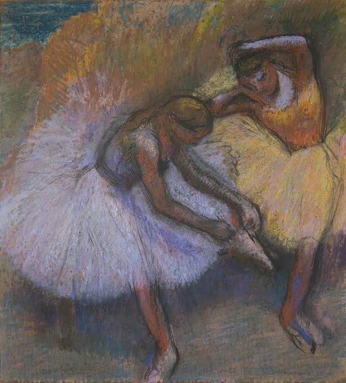 Kunstdruck des Gemäldes Zwei Tänzerinnen von Edgar Degas mit zwei Balletttänzerinnen in einer Tanzszene.
