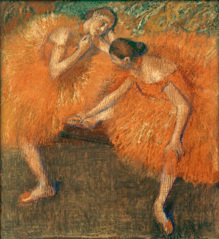 Kunstdruck des Gemäldes „Zwei Tänzerinnen“ von Edgar Degas mit zwei Balletttänzerinnen in einer eleganten Darstellung. Hochwertig in Deutschland per Hand gefertigt, erhältlich als Poster oder Leinwand.