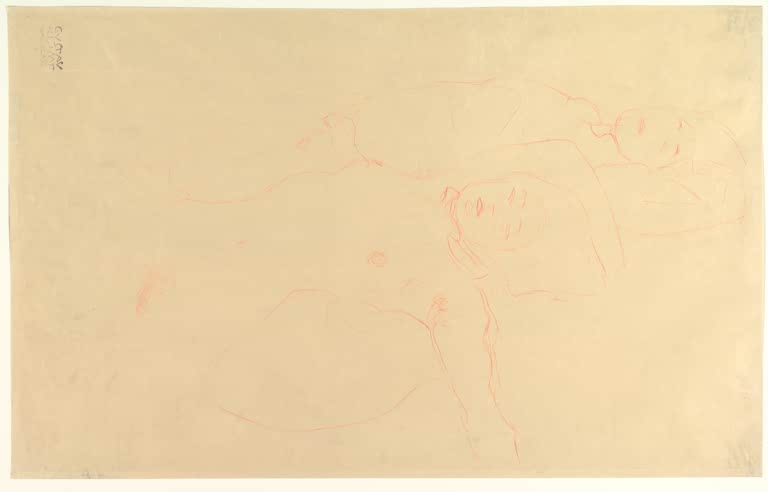 Kunstdruck des Gemäldes „Zwei liegende Akte“ von Gustav Klimt – hochwertige Reproduktion einer ausdrucksstarken Aktstudie.