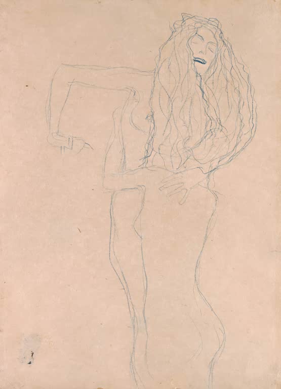 Kunstdruck von „Zwei sich umfangende nackte Frauen (Ver sacrum)“ von Gustav Klimt mit harmonischer Figurenkomposition und ornamentaler Gestaltung. Als Leinwand oder Poster erhältlich.