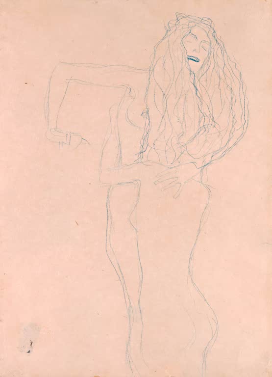 Kunstdruck des Gemäldes „Zwei sich umfangende nackte Frauen (Ver sacrum)“ von Gustav Klimt – hochwertige Reproduktion eines Jugendstil-Kunstwerks.