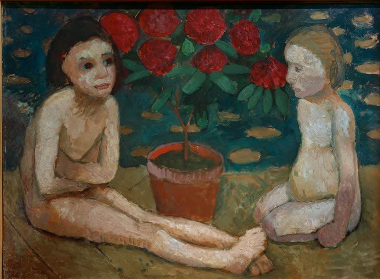 Kunstdruck von „Zwei sitzende Kinderakte“ von Paula Modersohn-Becker. Ausdrucksstarke Figurenstudie mit charakteristischer Farbgebung, in Deutschland handgefertigt.