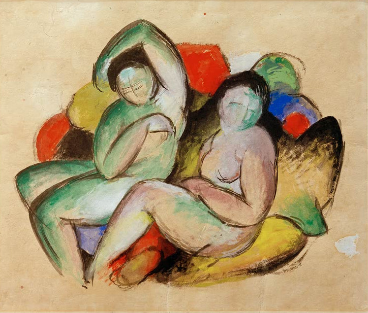 Kunstdruck des Gemäldes „Zwei weibliche Akte“ von Franz Marc. Hochwertig in Deutschland von Hand gefertigt, erhältlich als Poster oder Leinwand und optional gerahmt.