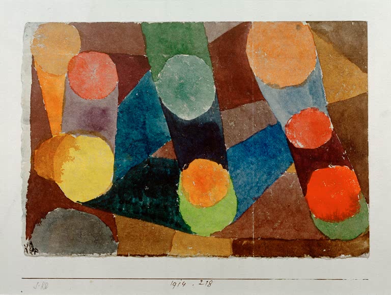 Kunstdruck „abstract, farbige Kreise durch Farbbänder verbunden“ von Paul Klee, handgefertigt in Deutschland
