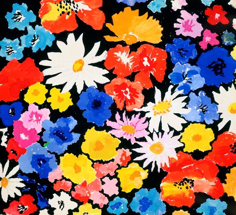 Alexandra Exter Blumenkomposition auf Schwarz Kunstkopie, bunte Margeriten und Mohnblüten auf schwarzem Grund