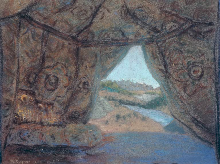 Alexandra Exter Bühnenbildentwurf für Salome Kunstkopie, gemustertes Zeltinneres mit Ausblick auf Landschaft und Fluss