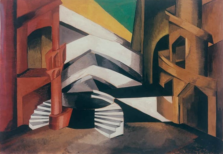 Alexandra Exter Bühnenentwurf zu Romeo und Julia Kunstkopie, kubistische Wendeltreppe zwischen Architekturformen in Ocker