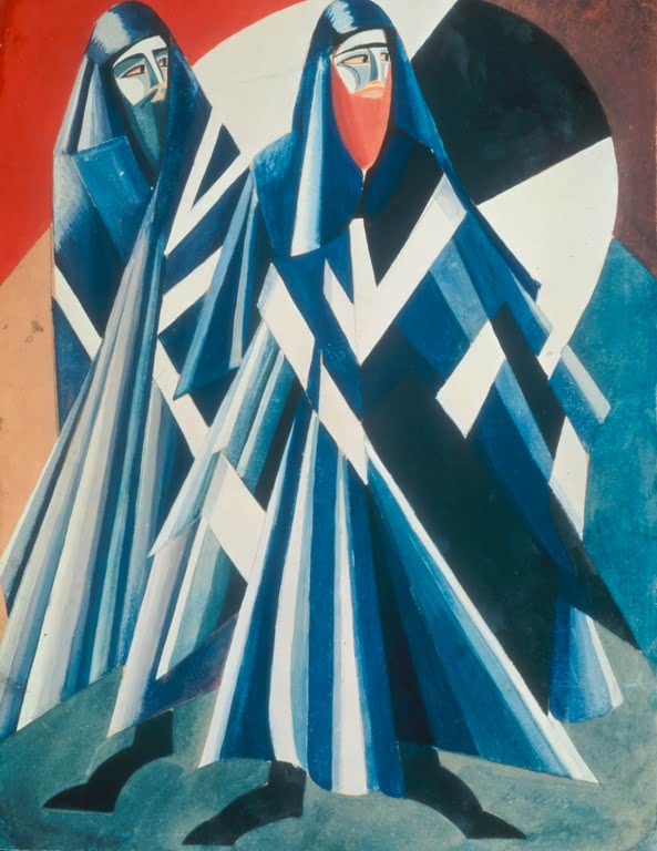 Alexandra Exter Figurinen zweier Männer aus Salome Kunstkopie, verhüllte Gestalten in blau-weißem Faltenwurf