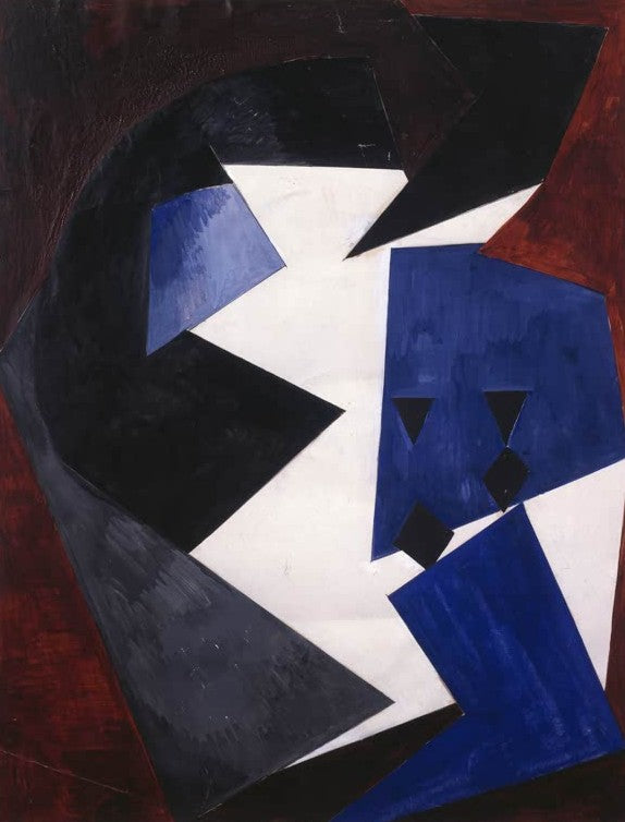 Alexandra Exter Komposition in Blau und Schwarz Kunstkopie, kubistisch zerlegte Figur in Blau, Schwarz und Weiß