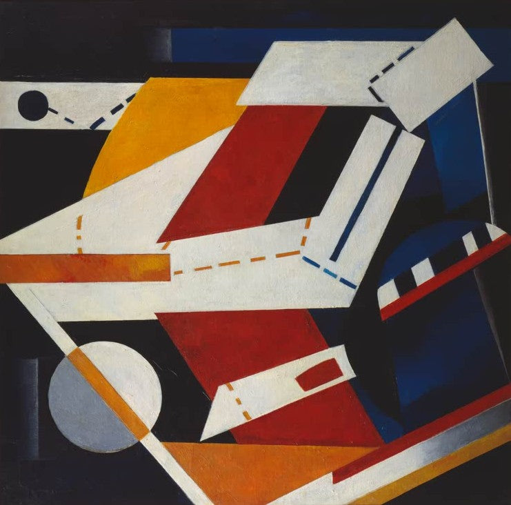 Alexandra Exter Konstruktion Kunstkopie, geometrische Formen in Rot, Blau, Gelb und Weiß vor schwarzem Grund