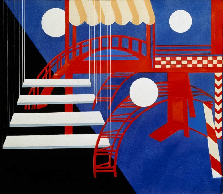 Alexandra Exter Revue Kunstkopie, konstruktivistischer Bühnenentwurf mit roten Brücken, Treppen und weißen Monden vor Blau
