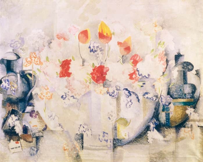 Alexandra Exter Vase mit Blumenstrauß Kunstkopie, pastellfarbenes Stillleben mit Krügen und Blütenzweigen