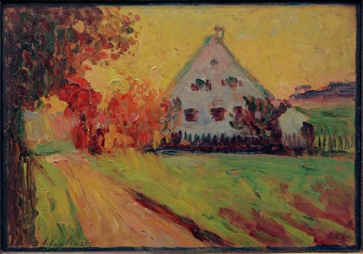 Alexej von Jawlensky Abend in Reichertshausen Kunstkopie – Weißes Haus hinter rotem Herbstlaub an einer Wiese im Abendlicht