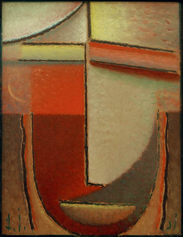 Gesicht aus Rot-, Creme- und Grautönen mit schwarzen Konturlinien – Alexej von Jawlensky Abstrakter Kopf: Abend Kunstkopie
