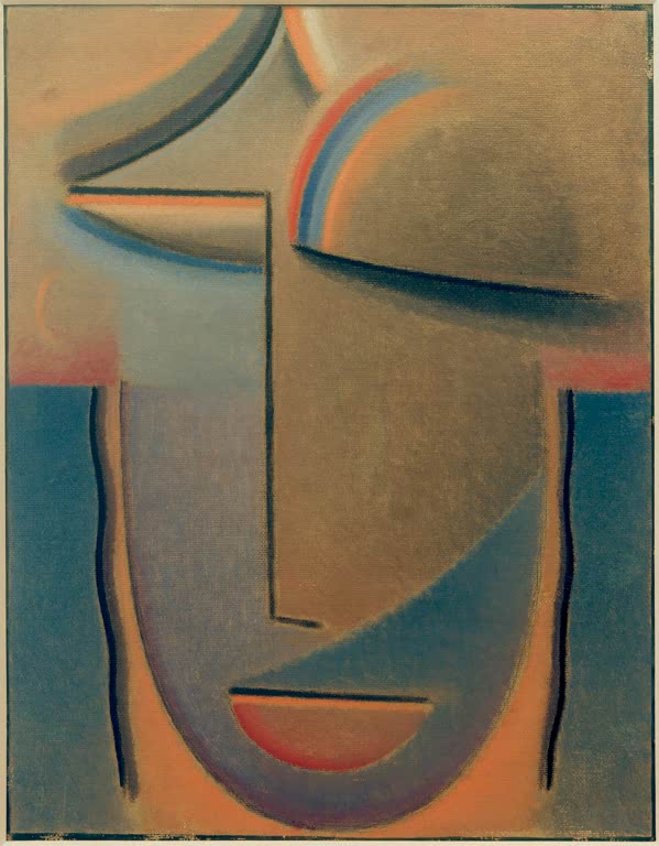 Gesicht in Braun, Graublau und Rosa mit Regenbogenbogen – Alexej von Jawlensky Abstrakter Kopf: Abend Kunstkopie
