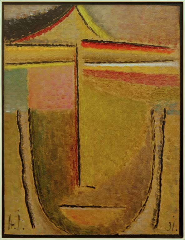 Abstraktes Gesicht in Olivgrün und Gold mit schwarzen Linien – Alexej von Jawlensky Abstrakter Kopf: Apoll Kunstkopie