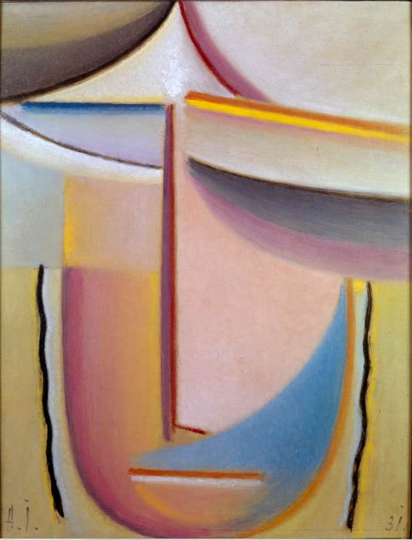 Abstraktes Gesicht in Rosa, Beige und Hellblau mit Farbbändern – Alexej von Jawlensky Abstrakter Kopf: Aurora Kunstkopie