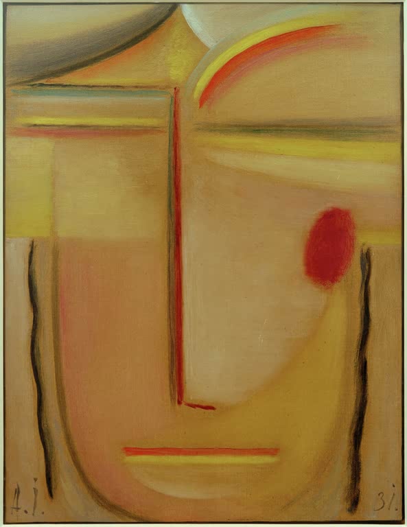 Abstraktes Gesicht in Gold und Rosa mit rotem Fleck – Alexej von Jawlensky Abstrakter Kopf: Gold und Rosa Kunstkopie
