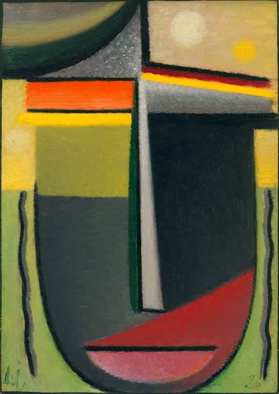 Gesicht aus Grau-, Grün- und Rotflächen mit gelbem Mond – Alexej von Jawlensky Abstrakter Kopf: Inneres Schauen Kunstkopie