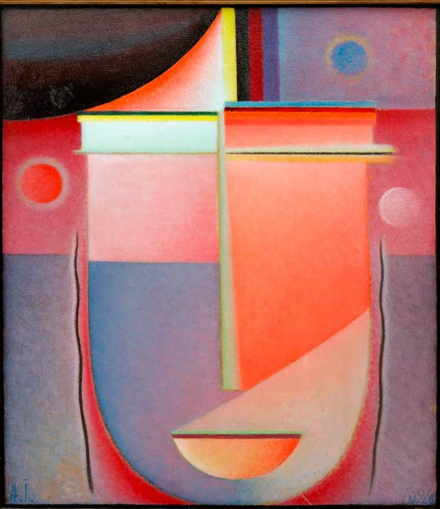 Stilisiertes Gesicht in Rosa und Violett – Alexej von Jawlensky Abstrakter Kopf: Inneres Schauen – Rosiges Licht Kunstkopie