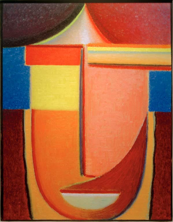 Abstraktes Gesicht in Orange, Gelb und Blau mit Rotbraun – Alexej von Jawlensky Abstrakter Kopf: Karma Kunstkopie