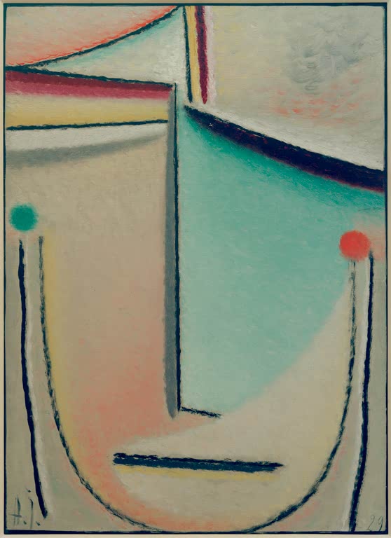 Gesicht aus hellblauen und rosa Flächen mit zwei Punkten – Alexej von Jawlensky Abstrakter Kopf: Rosa-Hellblau Kunstkopie