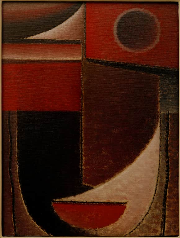 Gesicht aus Rot- und Dunkelbraunflächen mit dunklem Kreis – Alexej von Jawlensky Abstrakter Kopf: Rotes Licht Kunstkopie