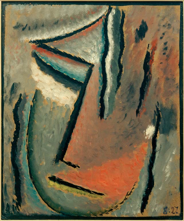 Gesicht in Grau, Orange und Grün mit schwarzen Linien – Alexej von Jawlensky Abstrakter Kopf: Stummer Schmerz Kunstkopie