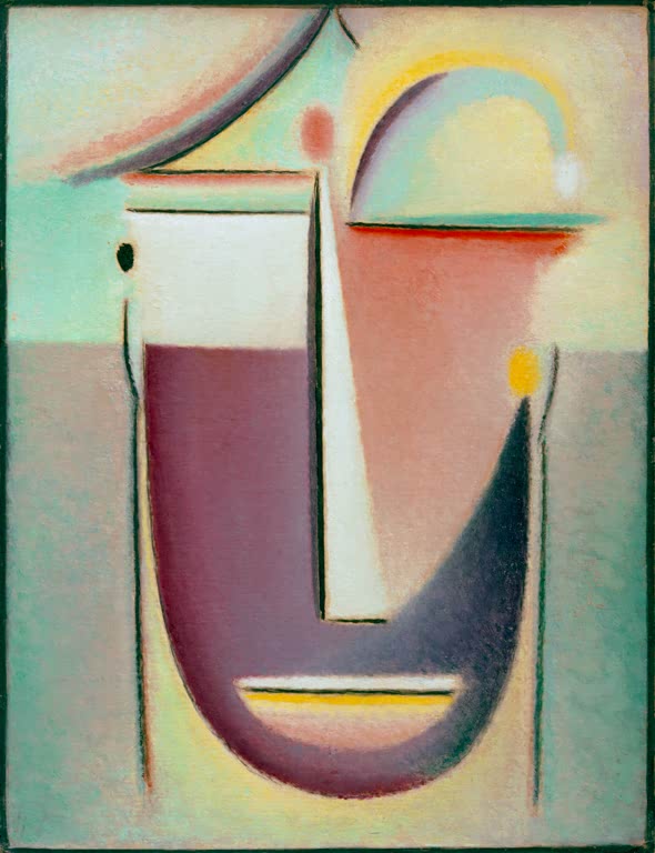 Alexej von Jawlensky Abstrakter Kopf: Urform Kunstkopie – Stilisierter Kopf mit rotbraunem Kinn in hellen Grau- und Rosatönen
