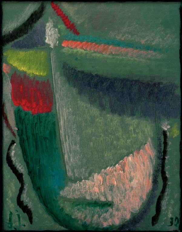 Abstraktes Gesicht in Grün- und Rosatönen mit dunklen Linien – Alexej von Jawlensky Abstrakter Kopf: Vibrierend Kunstkopie