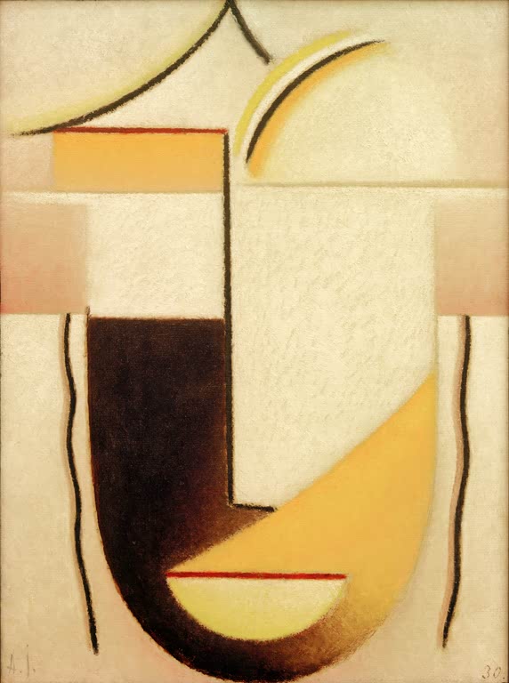 Gesicht aus Gelb-, Schwarz- und Cremeflächen mit gelbem Mond – Alexej von Jawlensky Abstrakter Kopf: Winterbeginn Kunstkopie