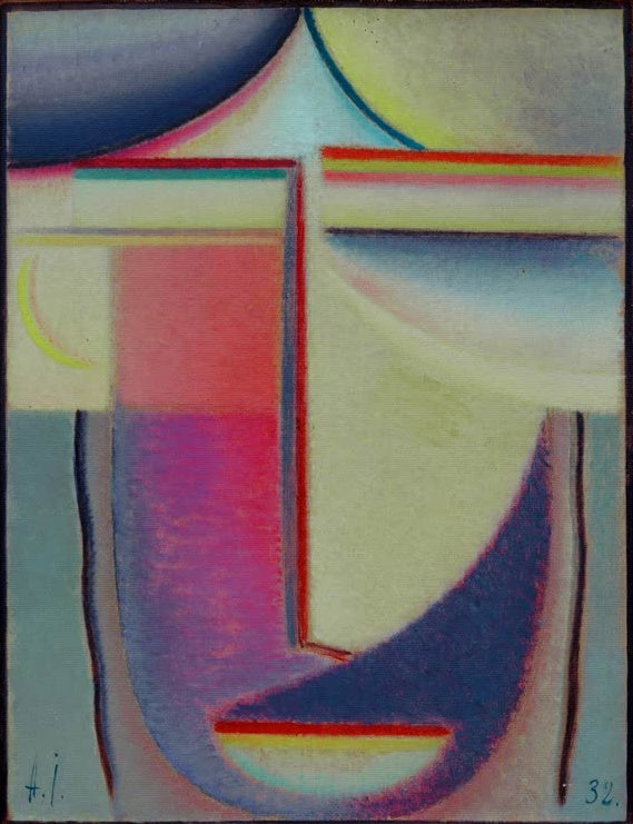 Alexej von Jawlensky Abstrakter Kopf (Zauber) Kunstkopie – Stilisierter abstrakter Kopf in zarten Rosa-, Blau- und Grautönen