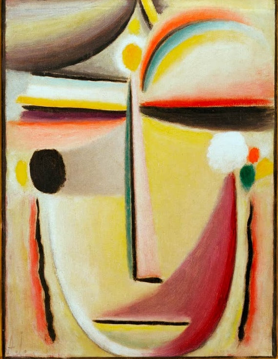 Stilisiertes Gesicht mit geschlossenen Augen in Gelb, Rosa und Weiß – Alexej von Jawlensky Abstrakter Kopf Kunstkopie