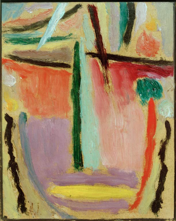Abstraktes Gesicht in Rosa, Lila und Gelb mit grünem Nasenstrich – Alexej von Jawlensky Abstrakter Kopf Kunstkopie